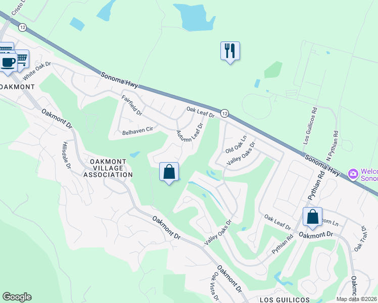 map of restaurants, bars, coffee shops, grocery stores, and more near 220 Mockingbird Circle in Santa Rosa