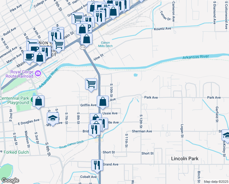 map of restaurants, bars, coffee shops, grocery stores, and more near 722 South 10th Street in Cañon City
