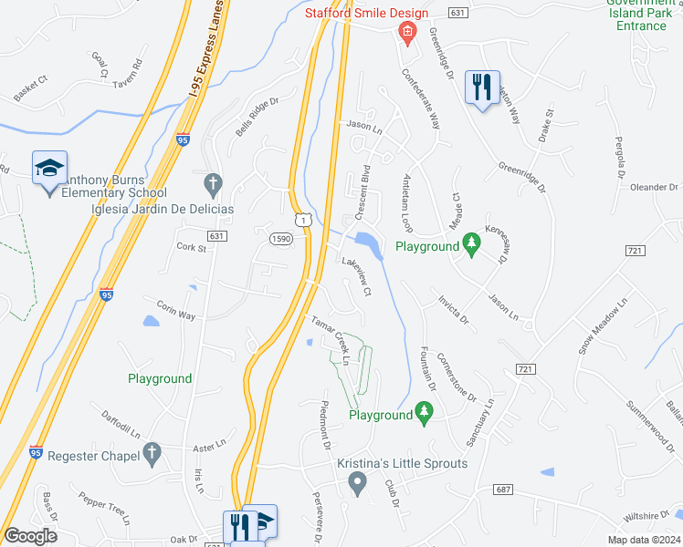 map of restaurants, bars, coffee shops, grocery stores, and more near 17 Wayside Court in Stafford