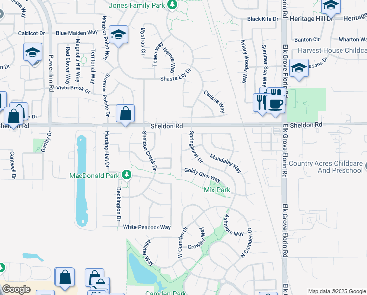 map of restaurants, bars, coffee shops, grocery stores, and more near 8711 Westknoll Avenue in Elk Grove