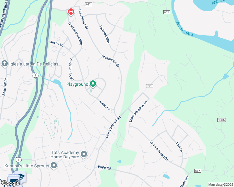 map of restaurants, bars, coffee shops, grocery stores, and more near 14 Greenridge Drive in Stafford