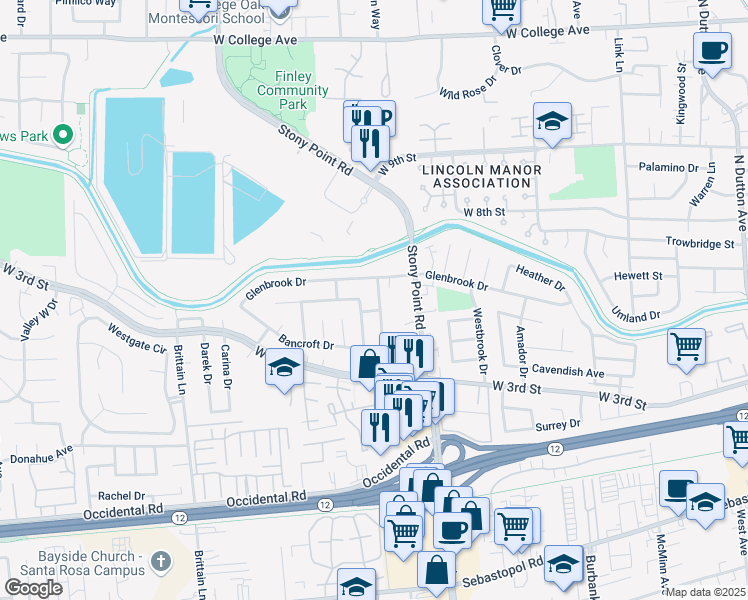 map of restaurants, bars, coffee shops, grocery stores, and more near 233 Brockhurst Drive in Santa Rosa
