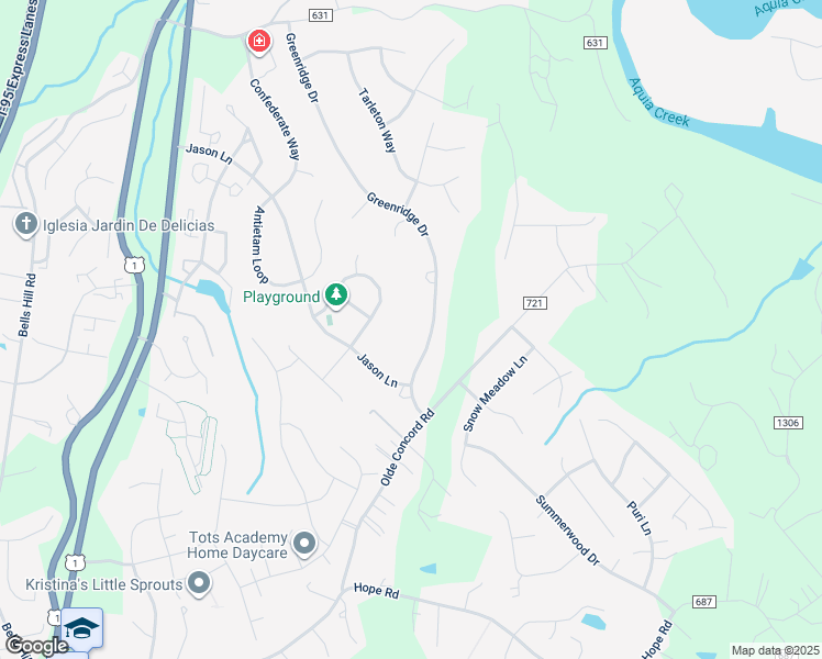 map of restaurants, bars, coffee shops, grocery stores, and more near 14 Greenridge Drive in Stafford