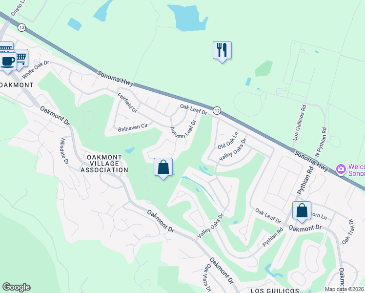 map of restaurants, bars, coffee shops, grocery stores, and more near 220 Mockingbird Circle in Santa Rosa