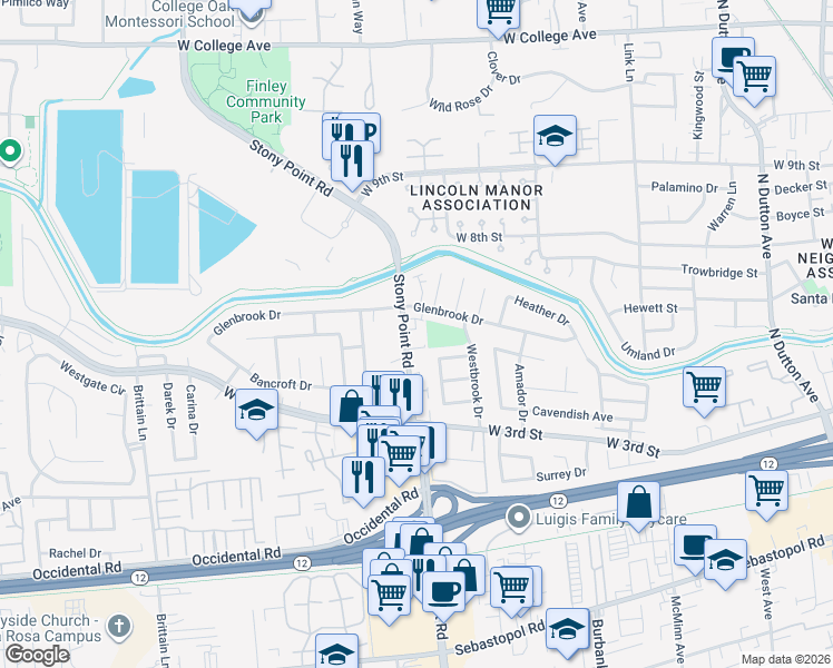 map of restaurants, bars, coffee shops, grocery stores, and more near 311 Mosswood Lane in Santa Rosa