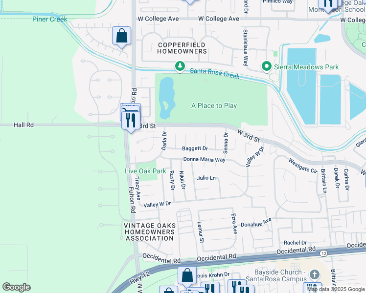 map of restaurants, bars, coffee shops, grocery stores, and more near 2425 Donna Maria Way in Santa Rosa