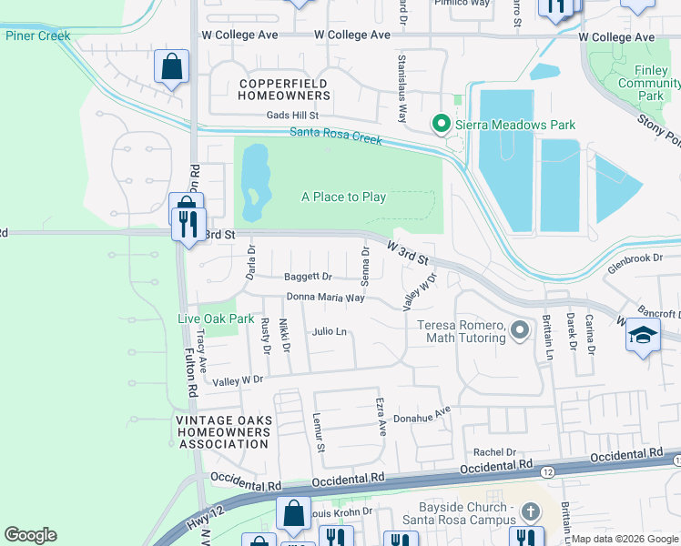 map of restaurants, bars, coffee shops, grocery stores, and more near 2375 Baggett Drive in Santa Rosa