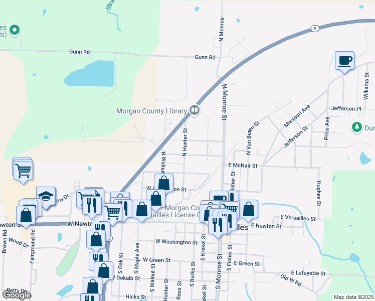 map of restaurants, bars, coffee shops, grocery stores, and more near 302 W Cleveland St in Versailles