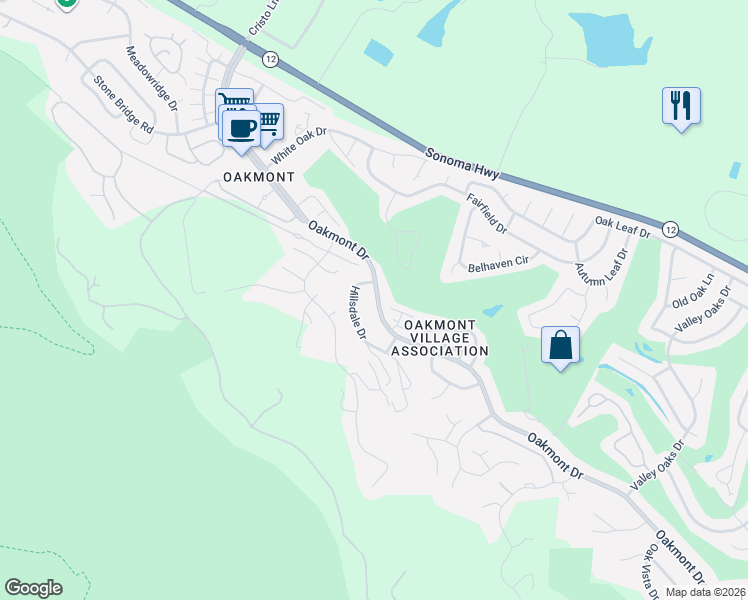 map of restaurants, bars, coffee shops, grocery stores, and more near 6840 Oakmont Drive in Santa Rosa