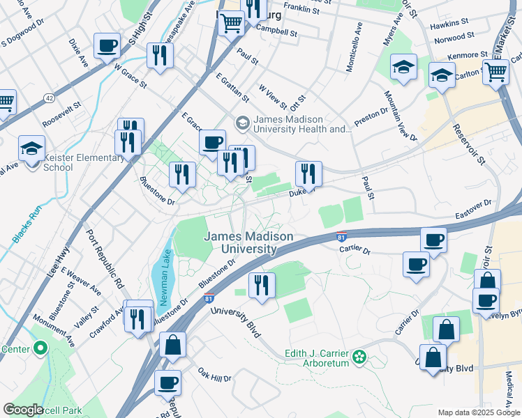 map of restaurants, bars, coffee shops, grocery stores, and more near Huffman Service Dr in Harrisonburg