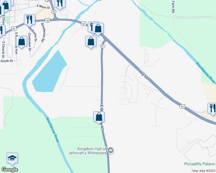 map of restaurants, bars, coffee shops, grocery stores, and more near 688 State Highway 47 in Union