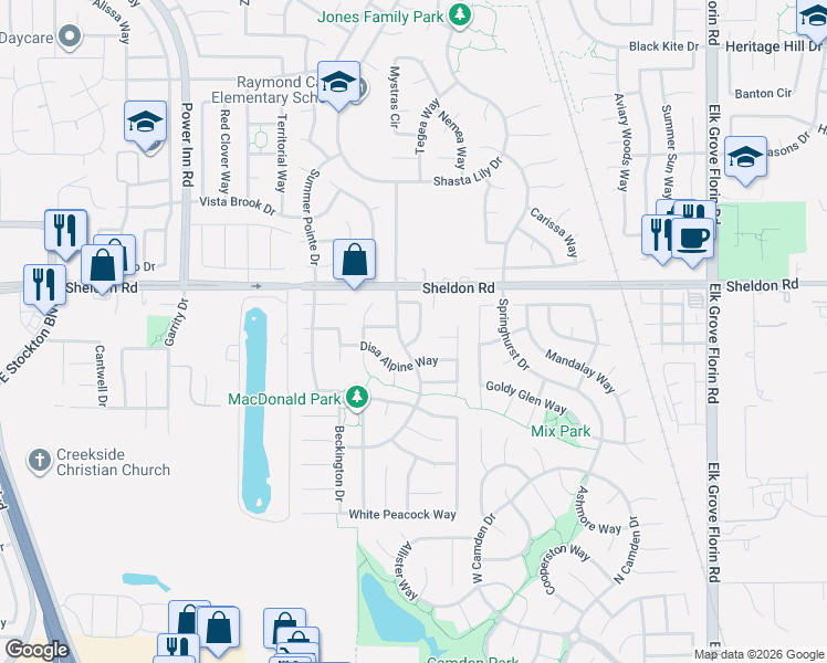 map of restaurants, bars, coffee shops, grocery stores, and more near 8861 Sheldon Creek Drive in Elk Grove