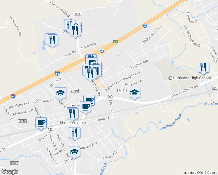 map of restaurants, bars, coffee shops, grocery stores, and more near 3124 Putnam Avenue in Hurricane