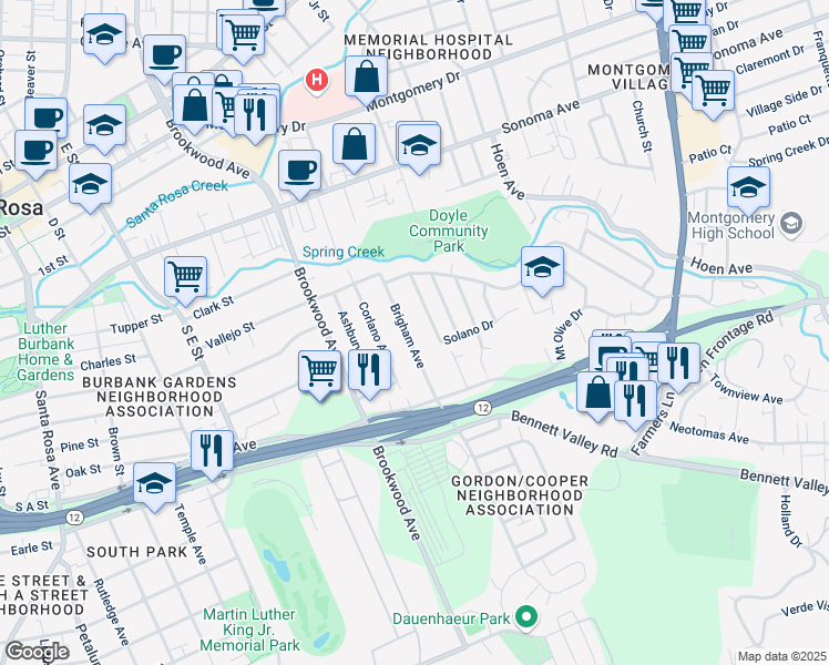 map of restaurants, bars, coffee shops, grocery stores, and more near 810 Brigham Avenue in Santa Rosa