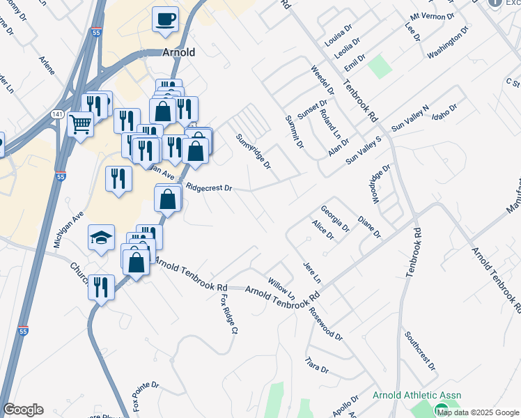 map of restaurants, bars, coffee shops, grocery stores, and more near 2379 Ida Lane in Arnold