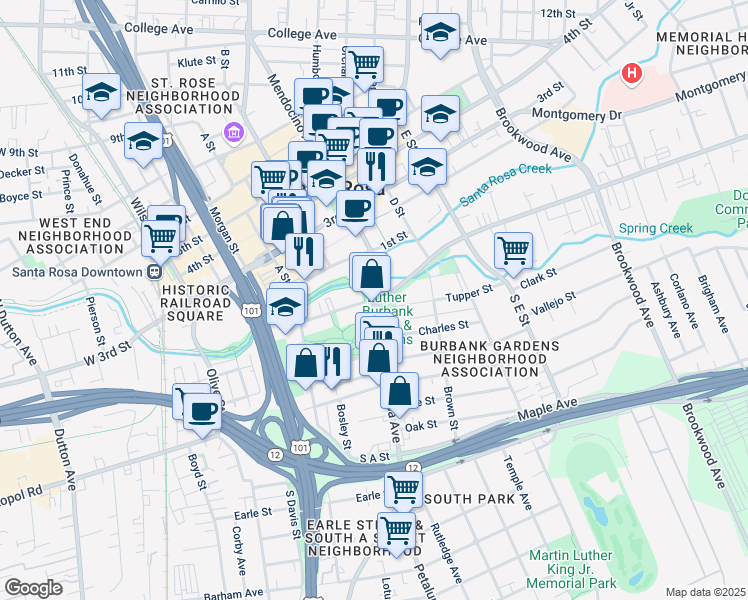 map of restaurants, bars, coffee shops, grocery stores, and more near Santa Rosa Ave & Sonoma Ave in Santa Rosa