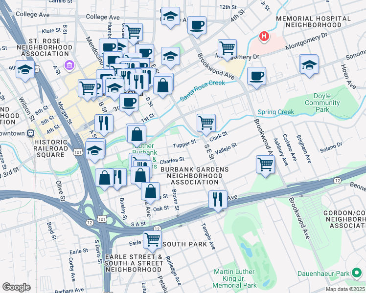 map of restaurants, bars, coffee shops, grocery stores, and more near 736 Tupper Street in Santa Rosa