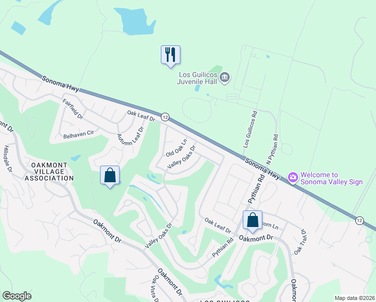map of restaurants, bars, coffee shops, grocery stores, and more near 254 Oak Shadow Drive in Santa Rosa