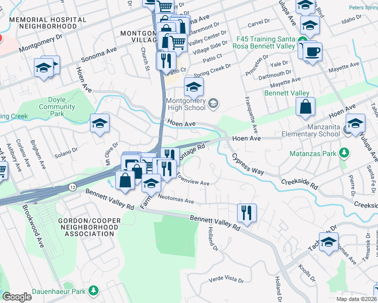 map of restaurants, bars, coffee shops, grocery stores, and more near Hoen Frontage Road in Santa Rosa