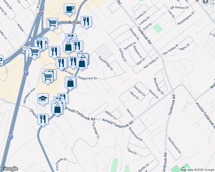 map of restaurants, bars, coffee shops, grocery stores, and more near 2389 Virginia Court in Arnold