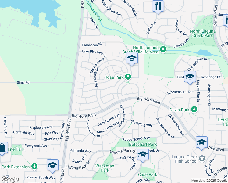 map of restaurants, bars, coffee shops, grocery stores, and more near 5431 Moonlight Way in Elk Grove