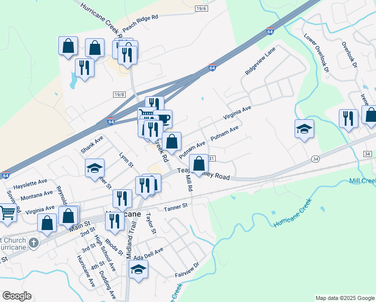map of restaurants, bars, coffee shops, grocery stores, and more near 3114 Putnam Avenue in Hurricane