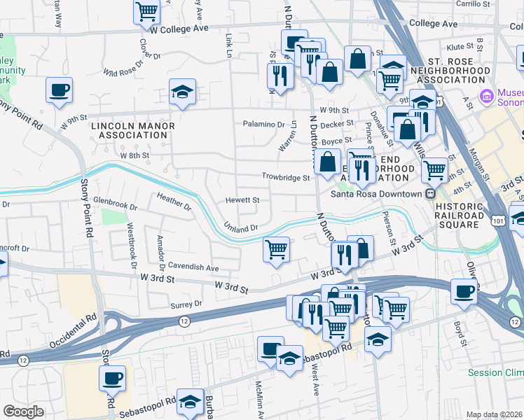 map of restaurants, bars, coffee shops, grocery stores, and more near 410 Umland Drive in Santa Rosa