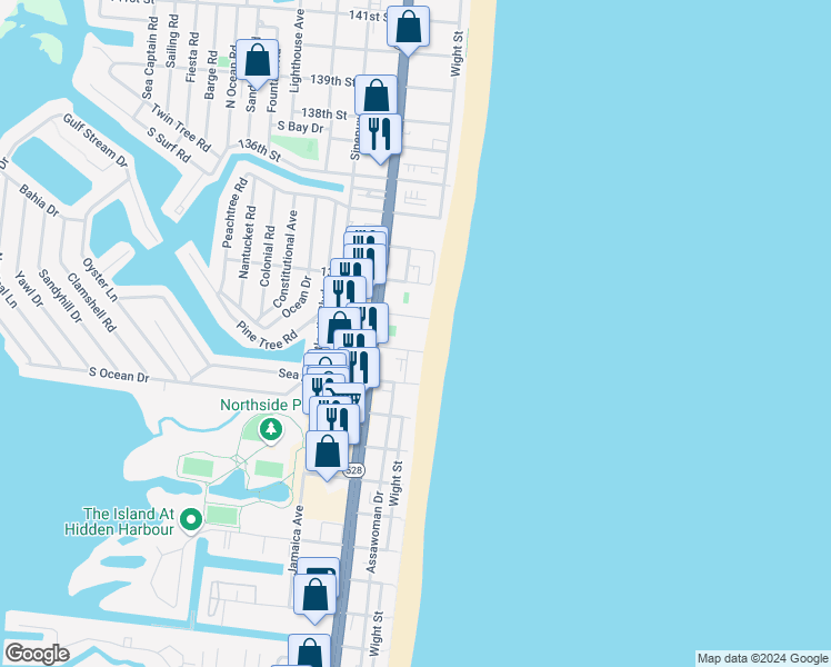 map of restaurants, bars, coffee shops, grocery stores, and more near 13201 132nd Street in Ocean City