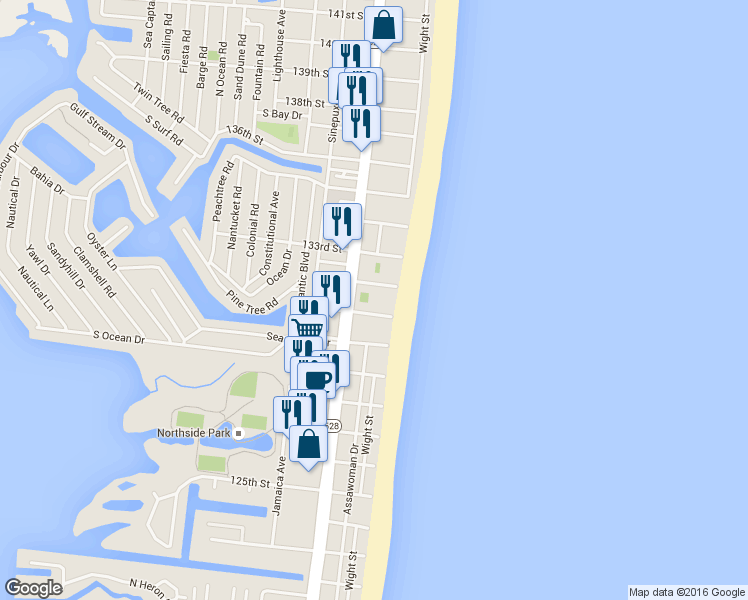 map of restaurants, bars, coffee shops, grocery stores, and more near 13201 132nd Street in Ocean City
