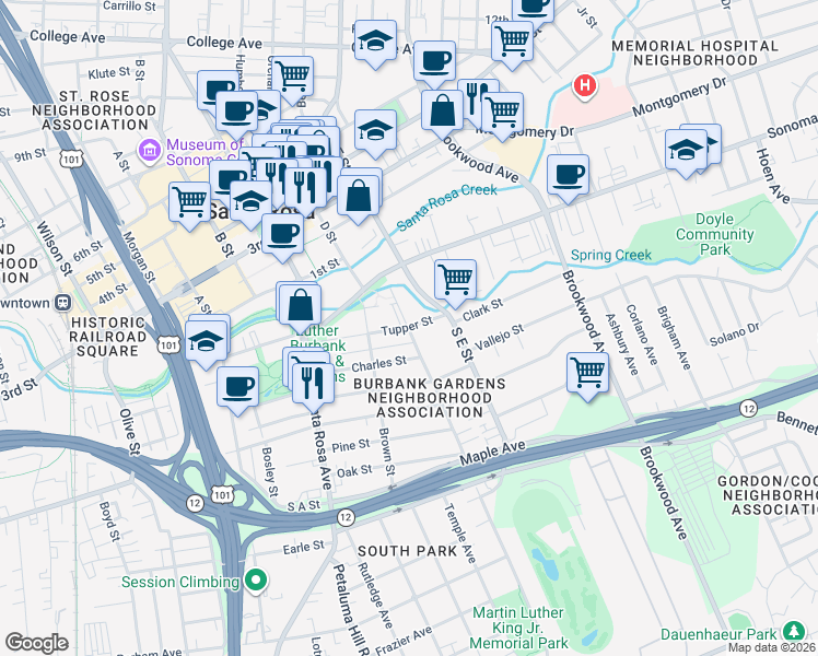 map of restaurants, bars, coffee shops, grocery stores, and more near 800 Tupper Street in Santa Rosa