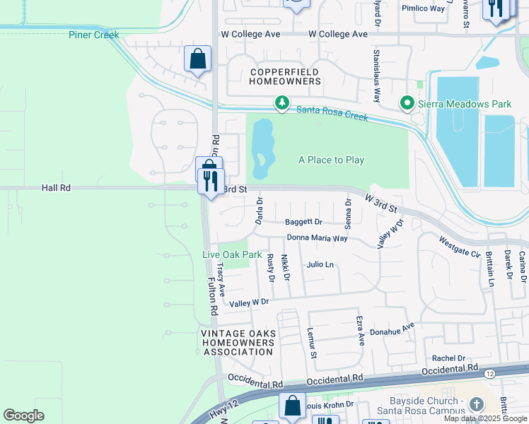 map of restaurants, bars, coffee shops, grocery stores, and more near 2442 Darla Drive in Santa Rosa