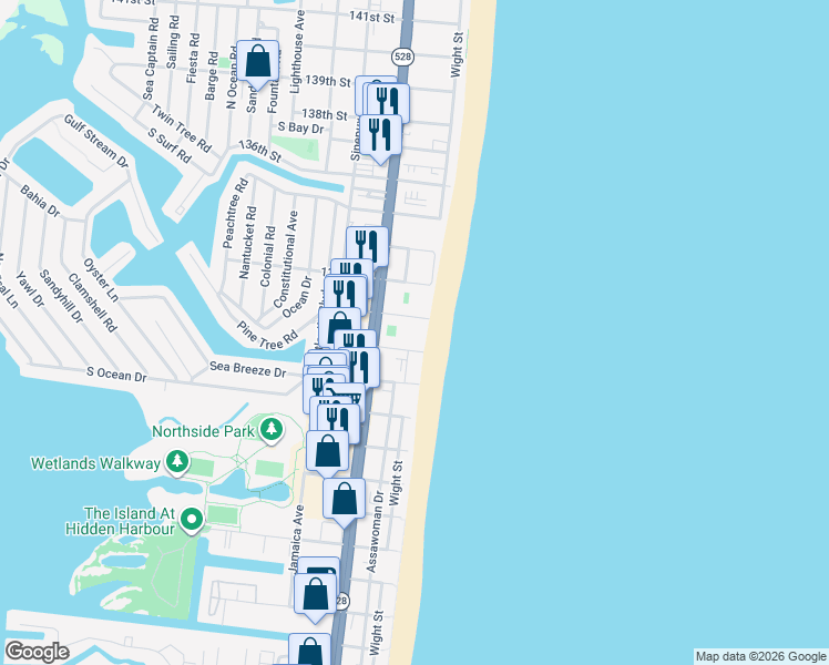 map of restaurants, bars, coffee shops, grocery stores, and more near 13110 Coastal Highway in Ocean City