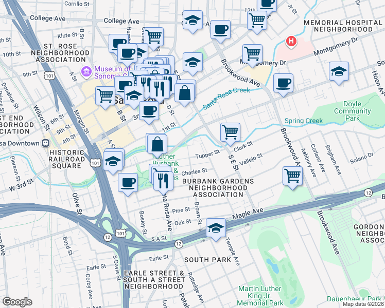 map of restaurants, bars, coffee shops, grocery stores, and more near 25 Rae Street in Santa Rosa