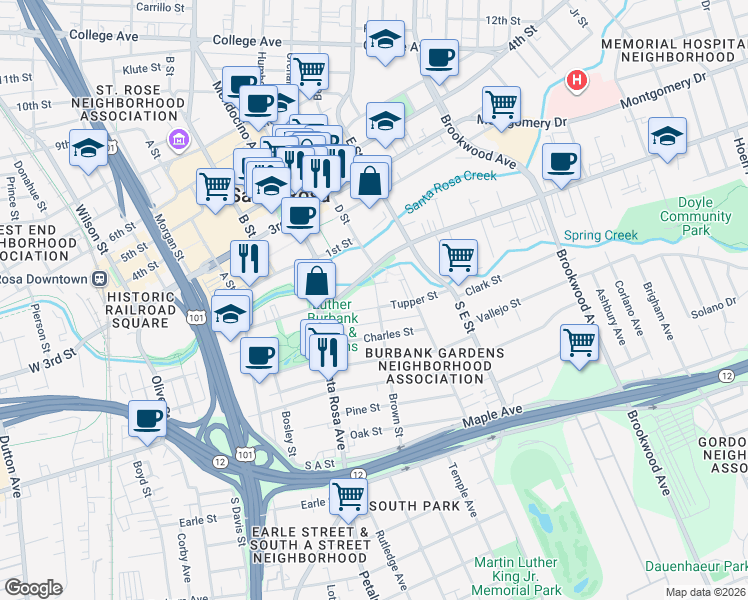 map of restaurants, bars, coffee shops, grocery stores, and more near 729 Sonoma Avenue in Santa Rosa