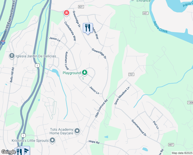 map of restaurants, bars, coffee shops, grocery stores, and more near 29 Kennesaw Drive in Stafford