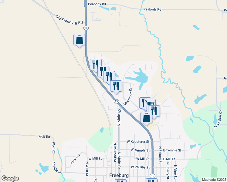 map of restaurants, bars, coffee shops, grocery stores, and more near 1 Deerfield Trailer Court in Freeburg