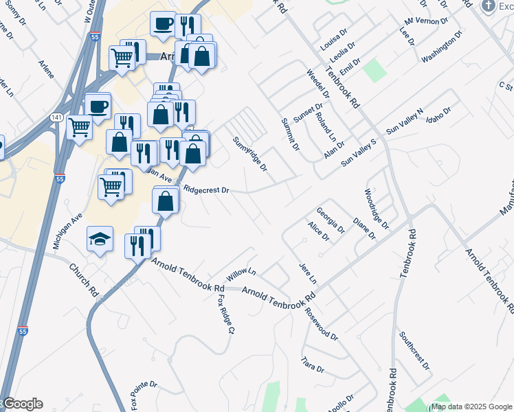 map of restaurants, bars, coffee shops, grocery stores, and more near 2408 Ridgecrest Drive in Arnold