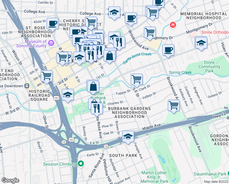 map of restaurants, bars, coffee shops, grocery stores, and more near 25 Rae Street in Santa Rosa