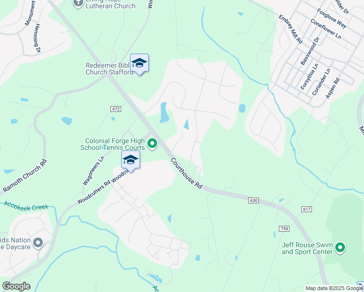 map of restaurants, bars, coffee shops, grocery stores, and more near 543 Courthouse Road in Stafford