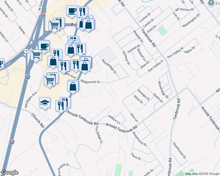 map of restaurants, bars, coffee shops, grocery stores, and more near 2369 Ida Lane in Arnold