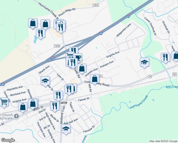 map of restaurants, bars, coffee shops, grocery stores, and more near 3112 Putnam Avenue in Hurricane