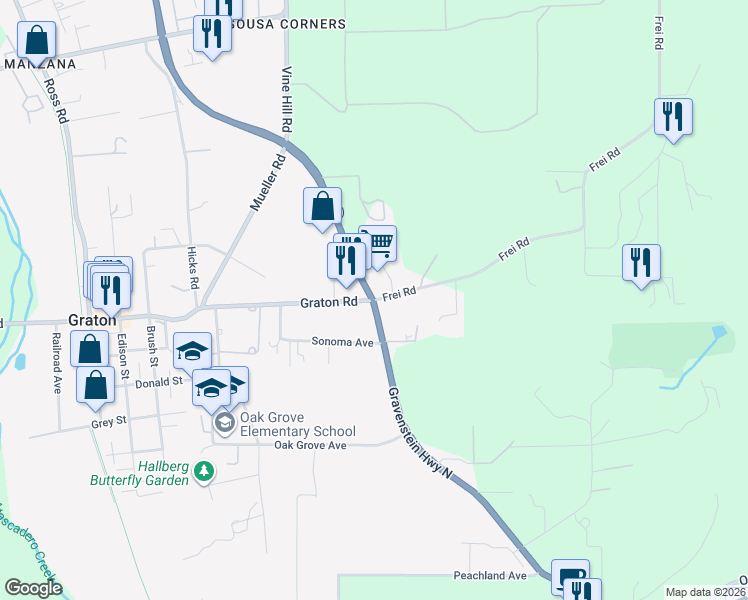 map of restaurants, bars, coffee shops, grocery stores, and more near Gravenstein Hwy N & Graton Rd in Sebastopol