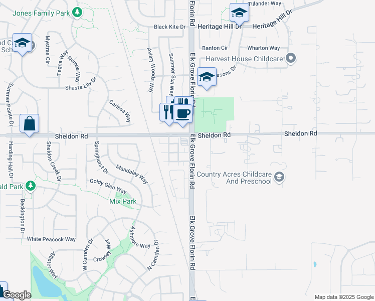 map of restaurants, bars, coffee shops, grocery stores, and more near 8911 Imray Way in Elk Grove