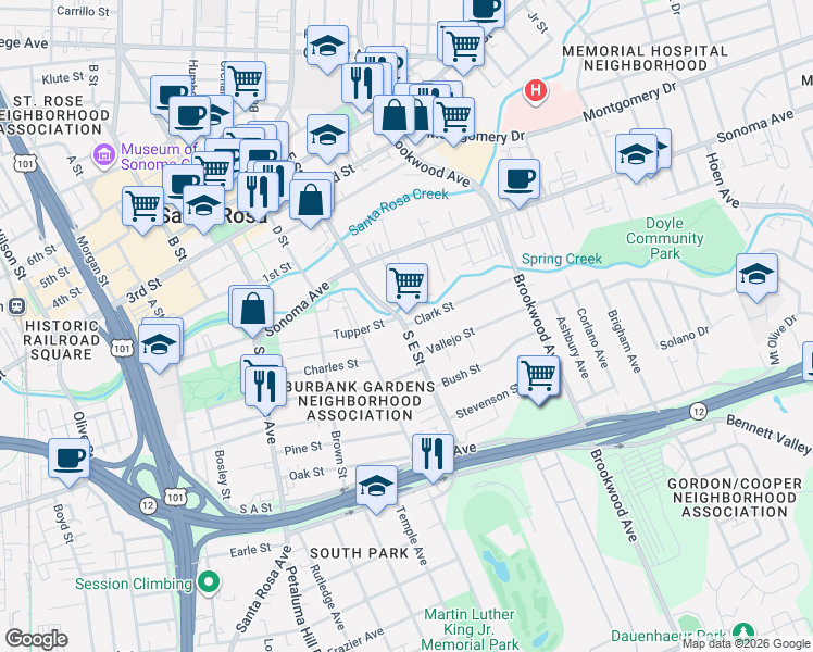 map of restaurants, bars, coffee shops, grocery stores, and more near 907 Clark Street in Santa Rosa