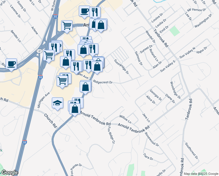 map of restaurants, bars, coffee shops, grocery stores, and more near 2369 Ridgecrest Drive in Arnold