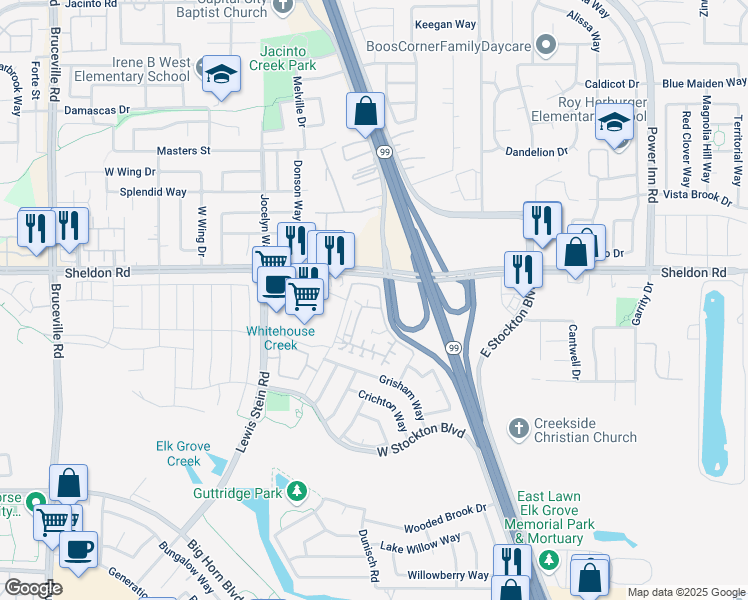 map of restaurants, bars, coffee shops, grocery stores, and more near 8840 Sheldon Terrace Lane in Elk Grove
