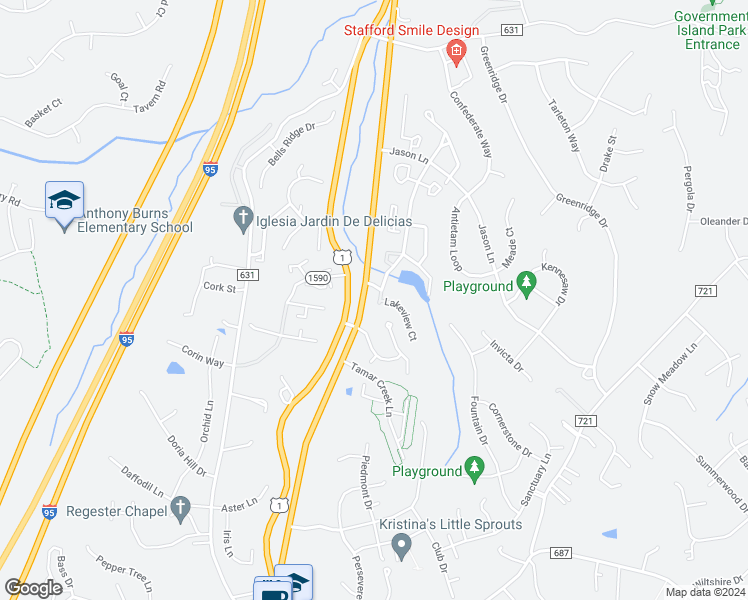 map of restaurants, bars, coffee shops, grocery stores, and more near 106 Lakeview Court in Stafford