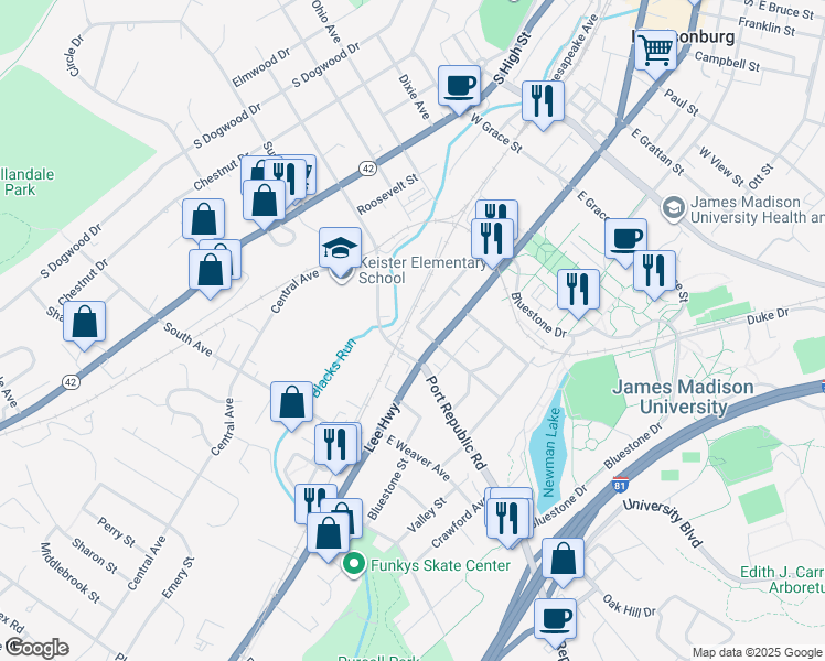 map of restaurants, bars, coffee shops, grocery stores, and more near 75 West Fairview Avenue in Harrisonburg