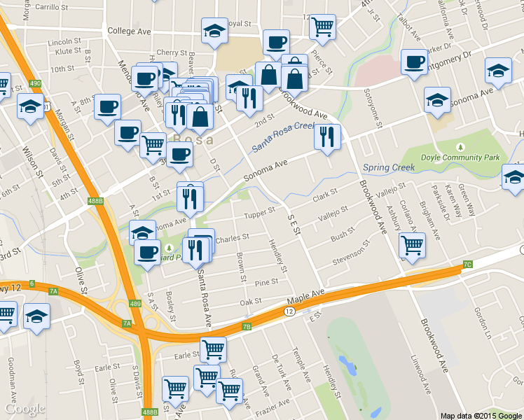 map of restaurants, bars, coffee shops, grocery stores, and more near 801 Tupper Street in Santa Rosa