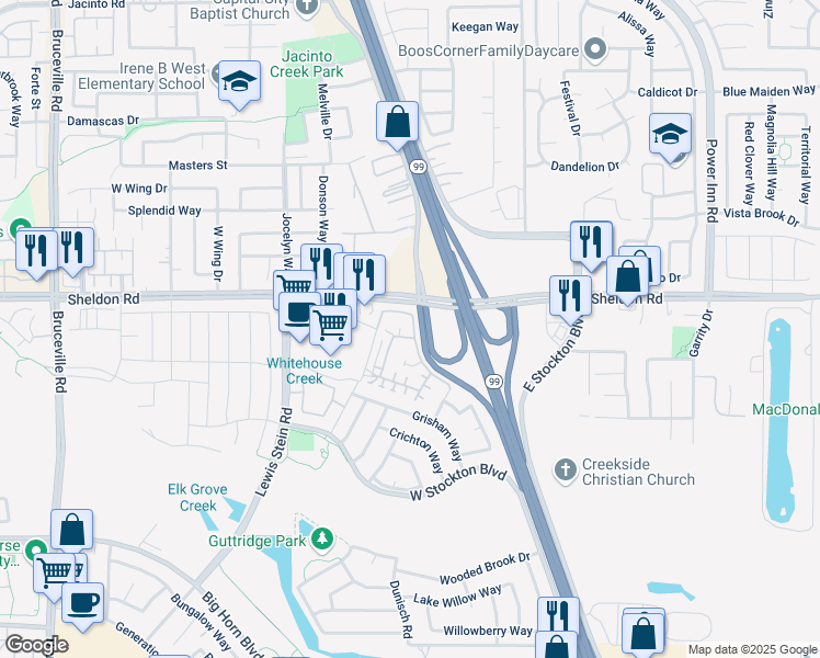 map of restaurants, bars, coffee shops, grocery stores, and more near 8840 Sheldon Terrace Lane in Elk Grove